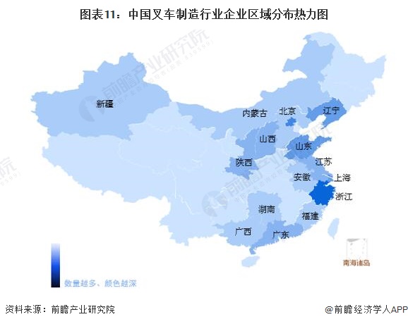 圖表11：中國叉車(chē)制造行業(yè)企業(yè)區域分布熱力圖